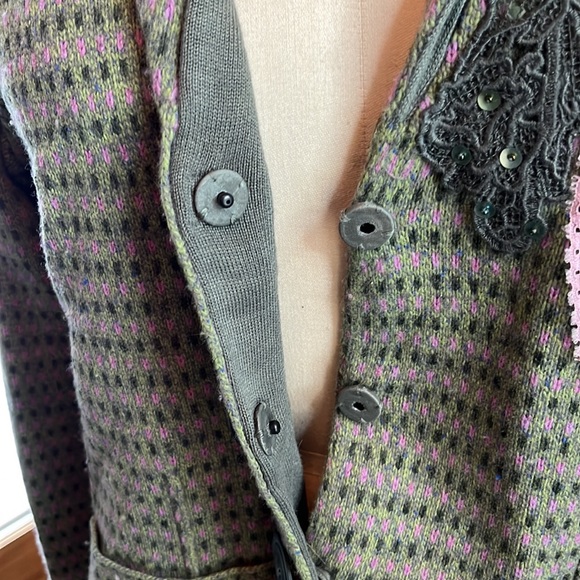 Lambs wool, silk and cashmere in this jacket style sweater with whimsy. - Picture 6 of 8